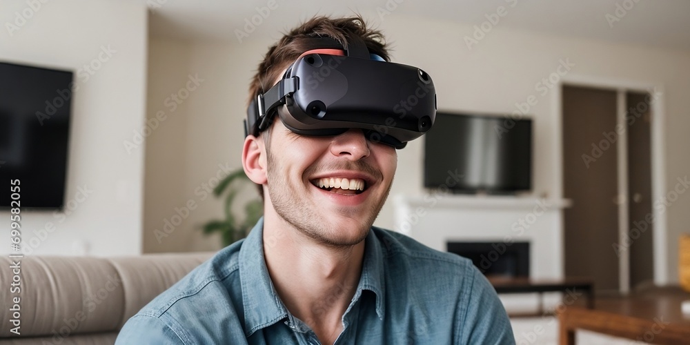 A happy man wearing VR glasses enjoying the virtual reality world at his home. Virtual Reality Technology concept. A happy man wearing VR glasses enjoying the virtual reality world at his home. Virtual Reality Technology concept.