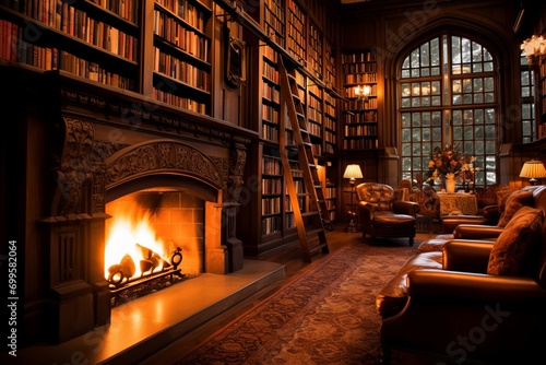 Captivating Scene. Cozy Old English Library with Towering Bookshelves and Warm Crackling Fireplace