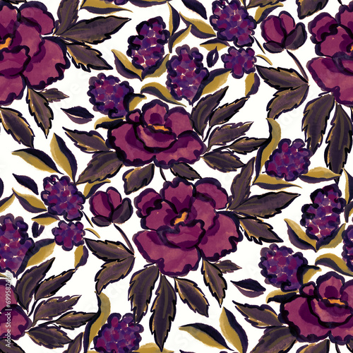 Watercolor seamless pattern with spring floral bouquets. Vintage botanical il...