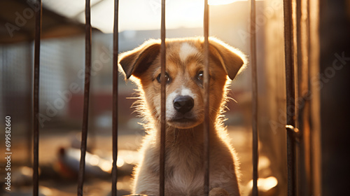 Homeless dog waiting for adoption in shelter cage photo