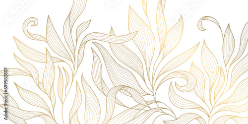 Fototapeta Naklejka Na Ścianę i Meble -  Vector golden leaves background, luxury abstract wavy floral art. Nature design texture, line illustration, foliage wallpaper.