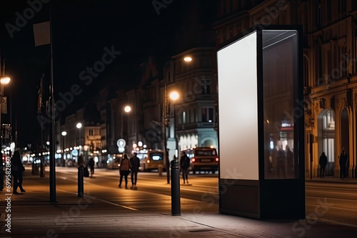 Mock up blank billboard with clipping path, Outdoor vertical large advertising board on the evening, in the night street of city. Empty space to insert text , advertising or graphic design, informatio