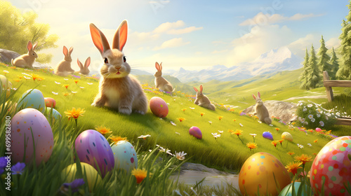Cute Easter Bunny with easter eggs. AI generative. photo