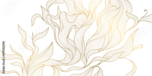 Vector golden leaves background, luxury abstract wavy floral art. Nature design texture, line illustration, foliage wallpaper. photo