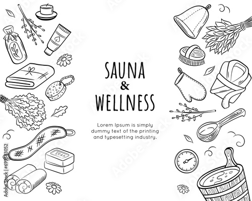 Premium body care vector banner template. Sauna and wellness. Set of doodle hand drawn elements. 