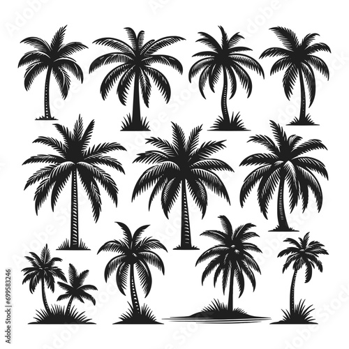 Set of palm tree silhouettes isolated on a white background  Vector illustration.