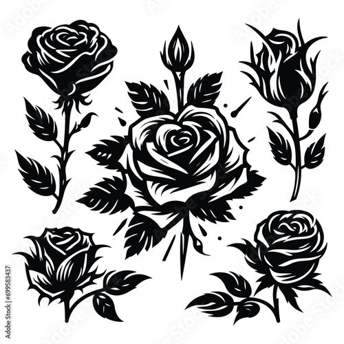 Set of roses silhouettes isolated on a white background, Vector illustration.