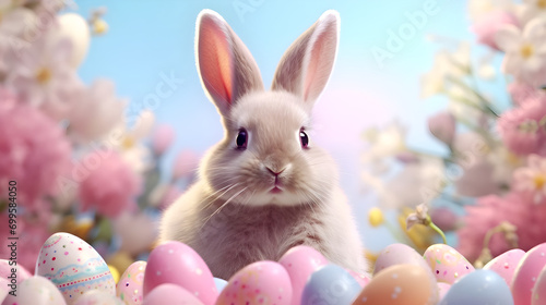 Cute Easter Bunny with easter eggs. AI generative.