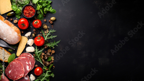Top view of assortment of italian food on black background with copy space