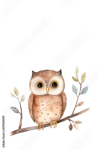 Adorable water-color style brown owl sitting on tree branch with leaves. Soft earth colors tones, owl isolated on white with copy space for your invites, greetings. Web, banner, children illustration.