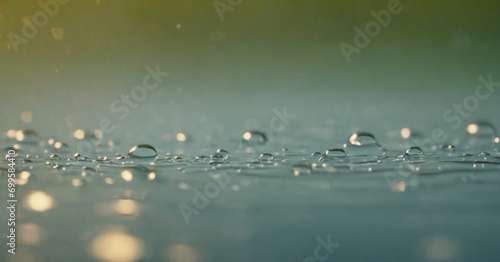 Several golden drops of liquid in the air, creating waves on the surface of the water. The drops are illuminated, reflecting a warm light on a cool blue background