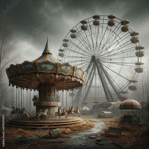 Um parque de diversões,com roda gigante, brinquedos e carrocel. O parque está abandonada e só o carrocel está funcionando. Uma imagem pós apocalíptico  photo