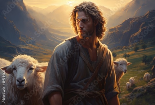 Jesus Christ is a shepherd  peaceful in a meadow with a flock of sheep  preacher of religion  Christianity