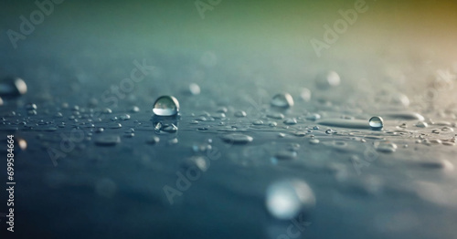 Several golden drops of liquid in the air, creating waves on the surface of the water. The drops are illuminated, reflecting a warm light on a cool blue background