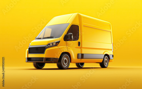 Hyper realistic delivery van racing on a yellow background