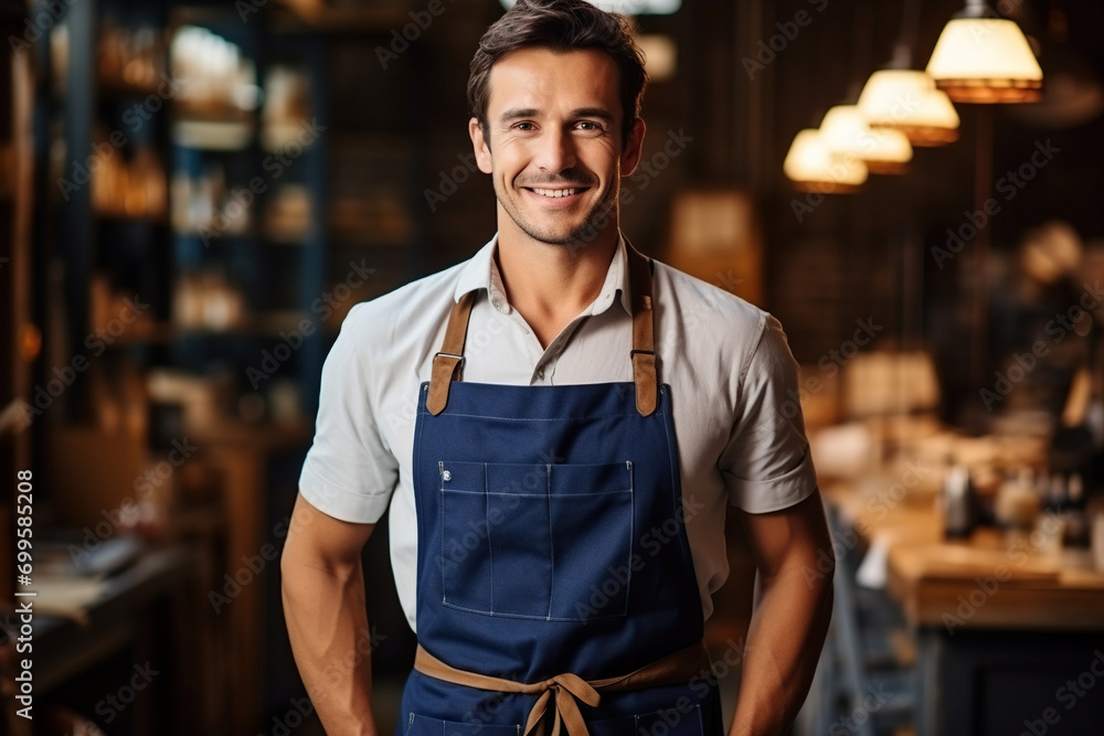 Fototapeta premium Portrait of a smiling male craftsman in apron working in his workshop