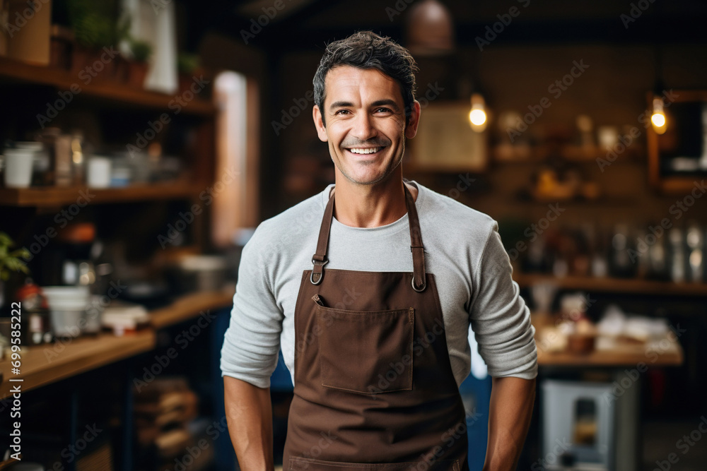 Fototapeta premium Portrait of a smiling male craftsman in apron working in his workshop