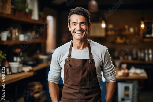 Portrait of a smiling male craftsman in apron working in his workshop photo