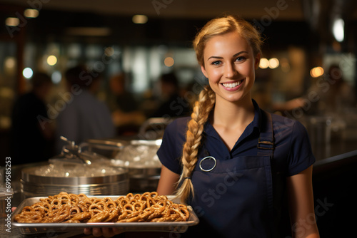 Portrait of a smiling waitress holding a tray with pretzels