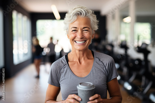 Portrait of smiling senior woman holding coffee to go in fitness studio photo