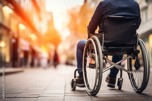 Man in wheelchair navigating through city streets. Accessibility and mobility.