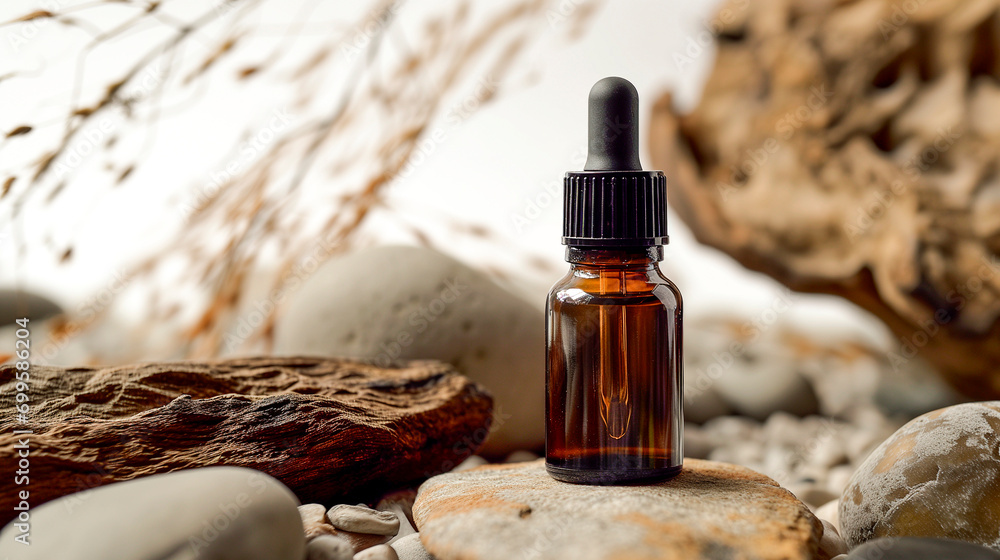 Drip bottle with cosmetic agent on a background of natural stones. Drip bottle with cosmetic agent on a background of natural stones.