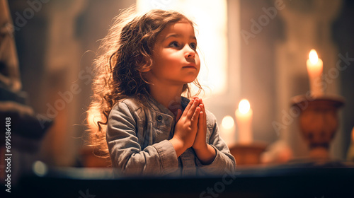 A cute little girl praying in church.