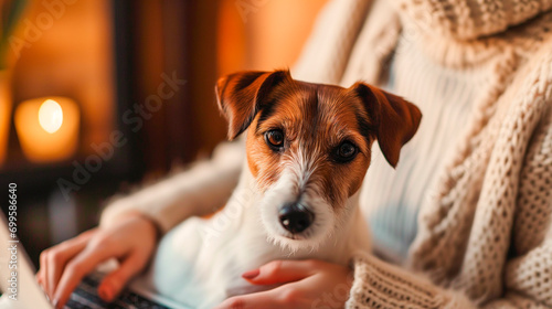 The dog sits in the pet owner's arms while he works on his noytbook.