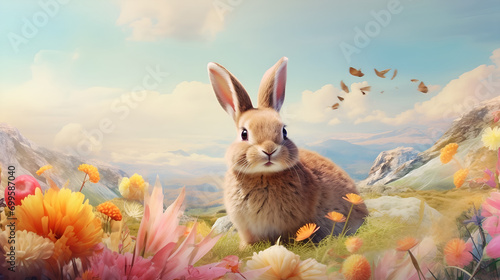 Cute Easter Bunny with easter eggs. AI generative. photo