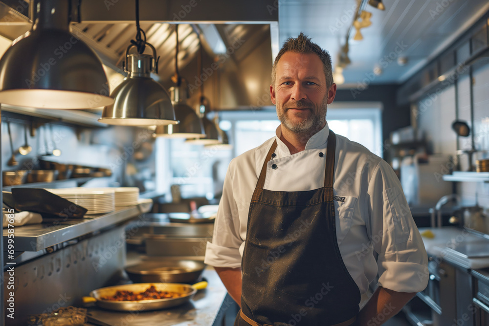 Portrait of a confident chef standing in a restaurant kitchen, generative AI Portrait of a confident chef standing in a restaurant kitchen, generative AI