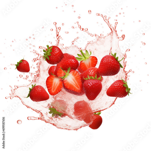 Strawberries blasts, flying in the air, juice from all the directions,  isolated on transparent background, generative AI