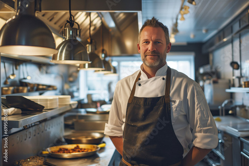 Portrait of a confident chef standing in a restaurant kitchen  generative AI