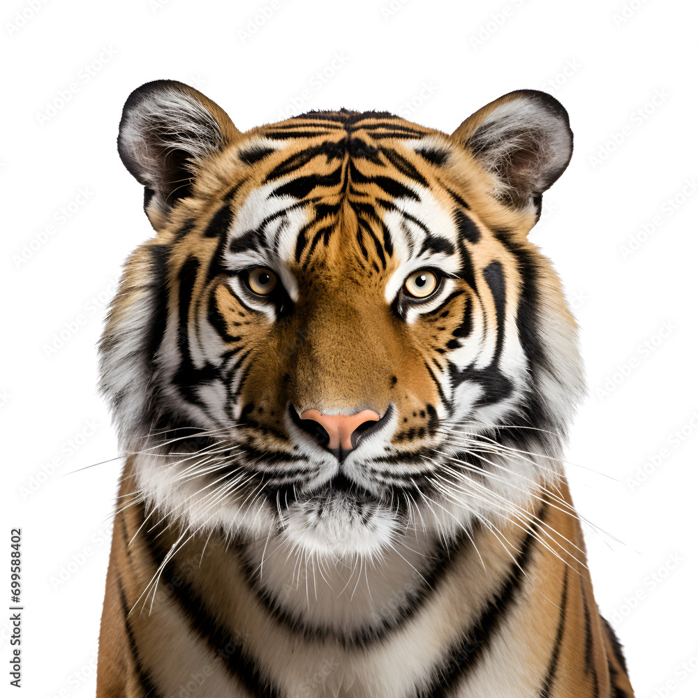 Obraz premium Close-Up Image of Half Body Bengal Tiger, Majestic Wild Creature, Isolated on Transparent Background, PNG