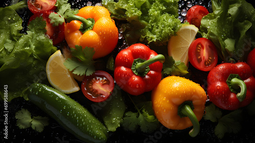Comida fresca verde, vegana, con gotas de rocío, sabrosa photo