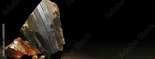 Samarskite is a rare precious natural stone on a black background. AI generated. Header banner mockup with space. photo