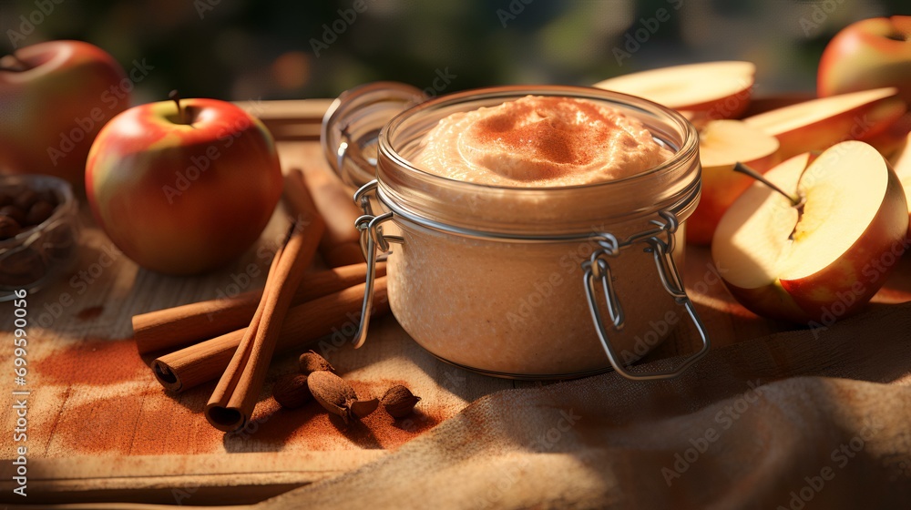 Glass jar with tasty apple butter on wooden table outdoors, closeup