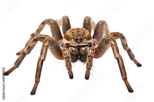 Top side closeup macro view of beautiful spider isolated on white background