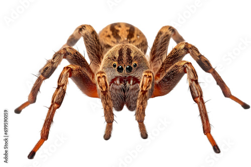 Top side closeup macro view of beautiful spider isolated on white background