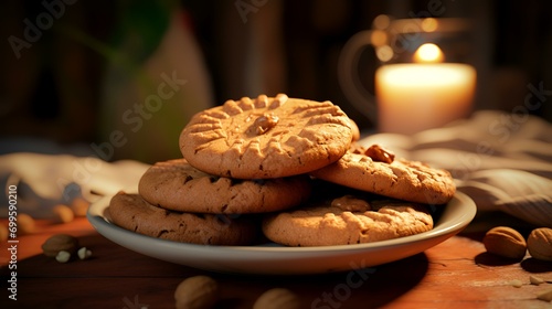 Chocolate chip cookies on a plate with a burning candle in the background