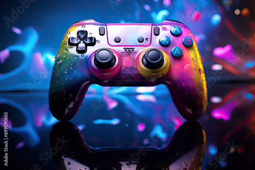 A vibrant neon gamepad, featuring an abstract game console with buttons and joysticks. photo