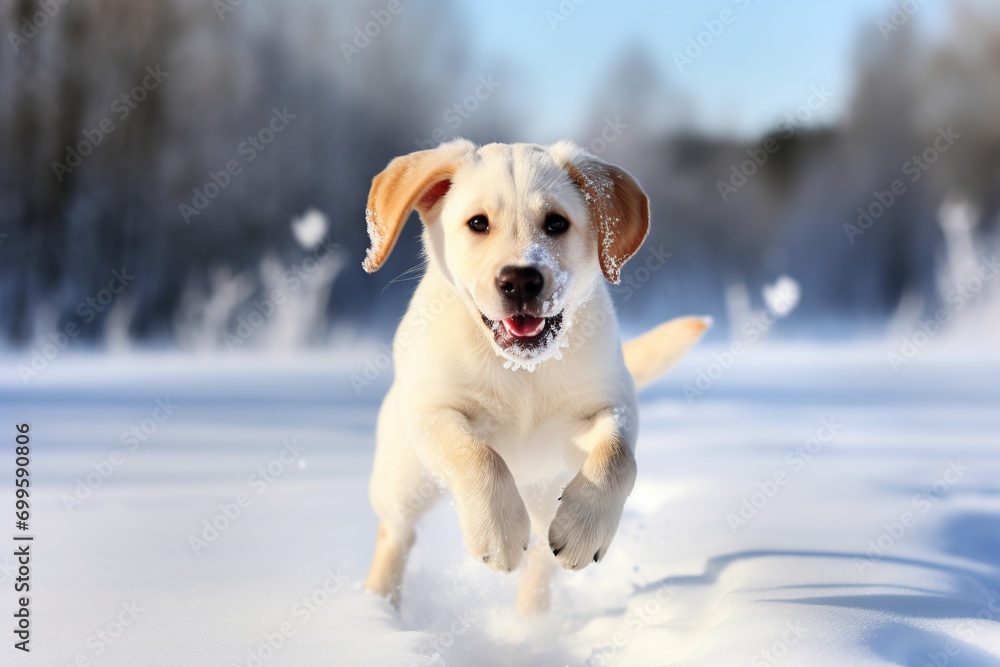 cute labrador retriever puppy running in the snow on a sunny winter day