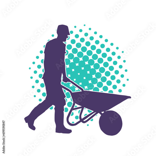 Silhouette of a worker carrying wheel barrow tool.