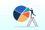 Businessman investor or financial planner standing on ladder to arrange pie chart as rebalancing investment portfolio to suitable for risk or return, investment asset allocation and rebalance (Vector)