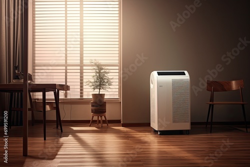 A modern white air purifier with dehumidifying features placed on a parquet floor creates a refreshing air oasis. photo