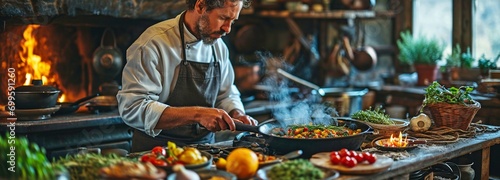 Cooking in a pan in the kitchen is done by a male chef or cook. cooking method for a gourmet meal. Man using a saucepan in the kitchen at home.