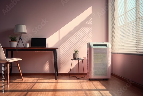 A modern white air purifier with dehumidifying features placed on a parquet floor creates a refreshing air oasis.