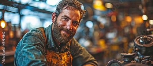Smiling mechanic in a photo while working in a car repair business.