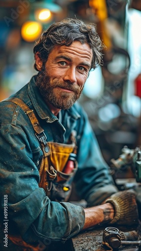 Smiling mechanic in a photo while working in a car repair business.