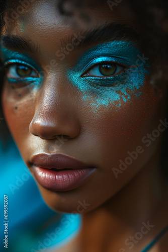 Portrait of a woman with blue make up.