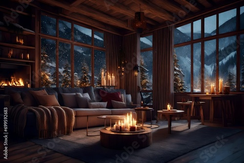  cozy living room on cold winter night in the mountains, evening interior of chalet decorated with candles, fireplace fills the room with warmth. It's snowing outside the window 